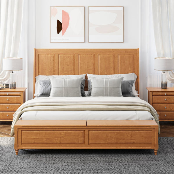 English Elm Queen Sleigh Bed Solid Rubberwood Walnut Finish Curved Headboard Footboard Storage Bench Natural W1716S00037