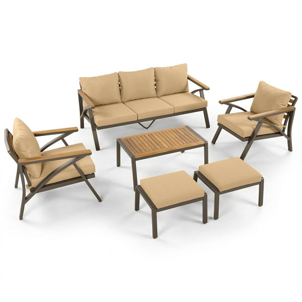 English Elm 6-piece Outdoor Conversation Set with Acacia Wood Accents and Steel Frame Patio Seating Brown N704G201256D