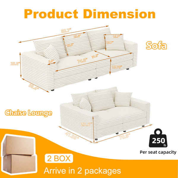 English Elm 82.7 Plush Corduroy 3-Seat Sofa – Modern Deep Seat Convertible Cloud Couch with Foam Pillows Beige+White W1885S00141