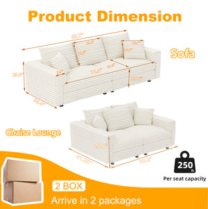 English Elm 82.7" Plush Corduroy 3-Seat Sofa - Cloud-Like Comfort With Versatile Ottomans For Living Spaces W1885S00156