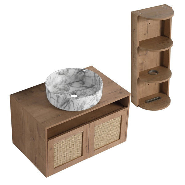 English Elm 30" Floating Bathroom Vanity Oak Finish Ceramic Vessel Sink Soft Close Plywood Cabinet W999S00503