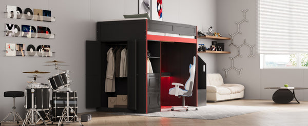 English Elm Gaming Twin Loft Bed with Led Desk Storage Locker and Bold Black Red Finish N709P004102J