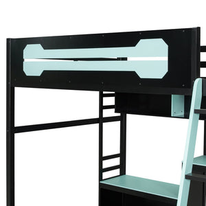 English Elm Full Size Gaming Loft Bed with Built-in Desk Led Lighting Usb Ports and Pegboard Black+Blue LT000270AAC