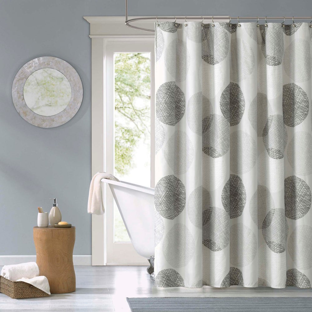 English Elm Shower Knowles 72x72" Gray Microfiber Curtain with Circular Print, Lightweight 12-Hole Design for Easy Hanging B03599196