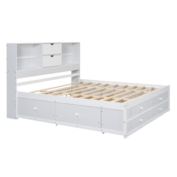 English Elm King Solid Wood Platform Bed with 8 Drawers and Storage Headboard, Durable MDF Frame, 500lb Capacity White GX000454AAK