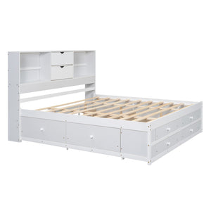 English Elm King Platform Bed with 8 Drawers Open Headboard Compartments and Pine Wood Frame White GX000454AAK-1