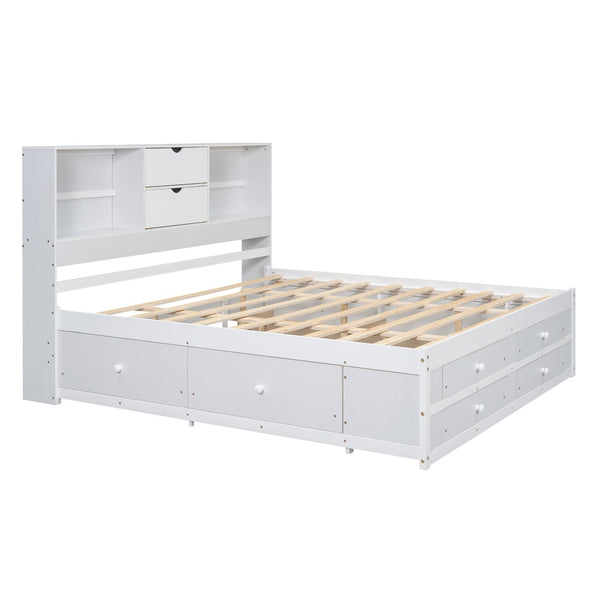 English Elm King Platform Bed with 8 Drawers Open Headboard Compartments and Pine Wood Frame White GX000454AAK-1