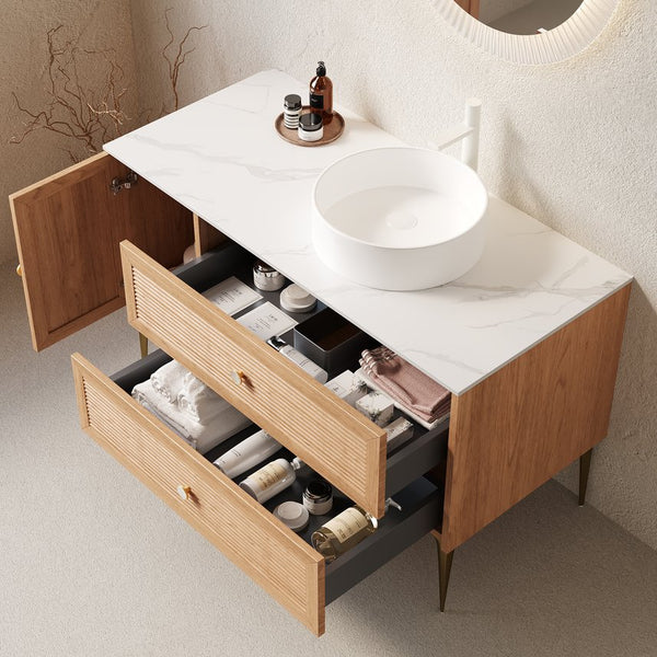 English Elm MUNIN Oak Woodgrain 48" Bathroom Vanity with Carrara Sintered Countertop, Ceramic Vessel Sink, Soft-Close Storage W2615S00130