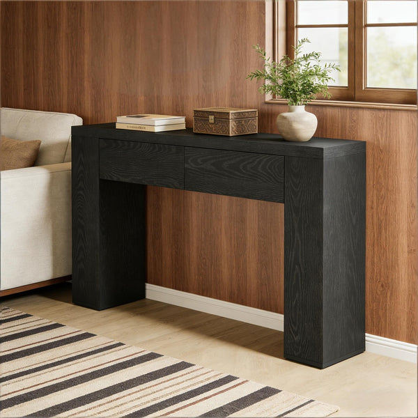 English Elm Practical Geometric Console Table with Matte Black Wood Grain Finish for Entryway or Sofa T3971P454339