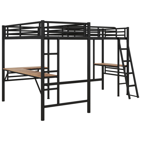 English Elm Twin Metal Loft Bed with Two Built-In Desks, Black — Space-Saving L-Shaped Twin Bunk for Study & Sleep GX001114AAB-1