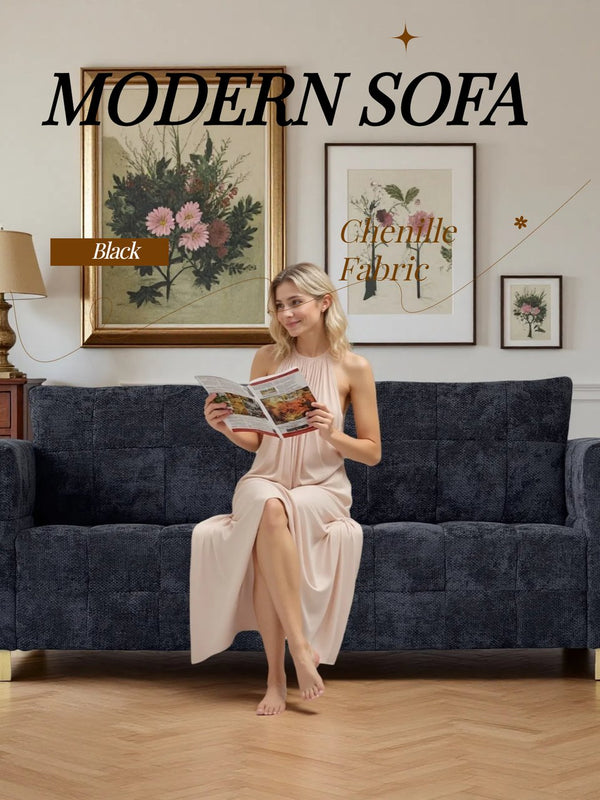 English Elm FX-P54-BK Plush Chenille Sofa with Metallic Legs, Subtle Glamour, Durable Velvet Feel for Living Room Black W576S00169