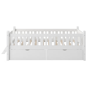 English Elm Wood Twin Platform Bed with Guardrail, Solid Pine Construction, 2 Underbed Drawers for Storage and Playroom Space White N709P242145K