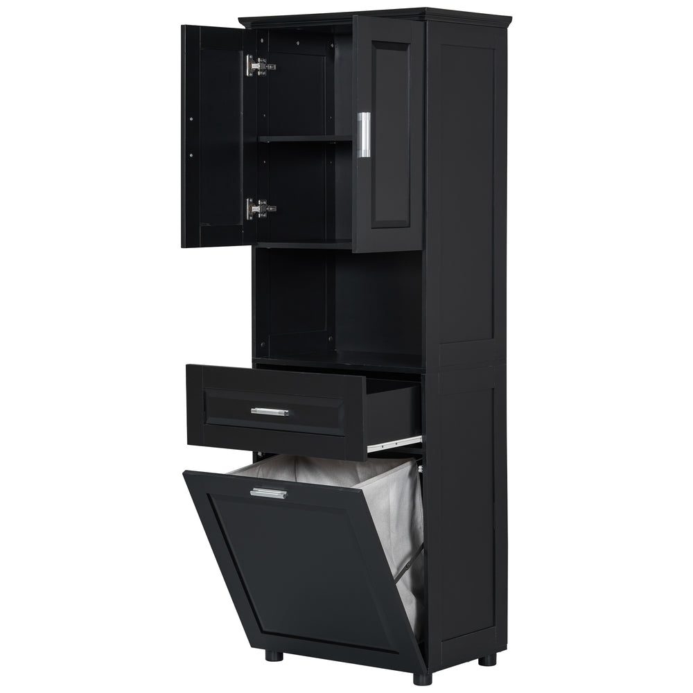 English Elm Tall Bathroom Cabinet with Tilt-Out Laundry Hamper, Adjustable Shelves, Anti-Tip Design & Large Storage Black WF323481AAB
