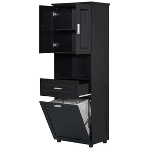 English Elm Tall Bathroom Cabinet with Tilt-Out Laundry Hamper, Adjustable Shelves, Anti-Tip Design & Large Storage Black WF323481AAB