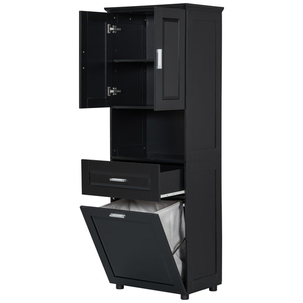 English Elm Tall Bathroom Cabinet with Tilt-Out Laundry Hamper, Adjustable Shelves, Anti-Tip Design & Large Storage Black WF323481AAB