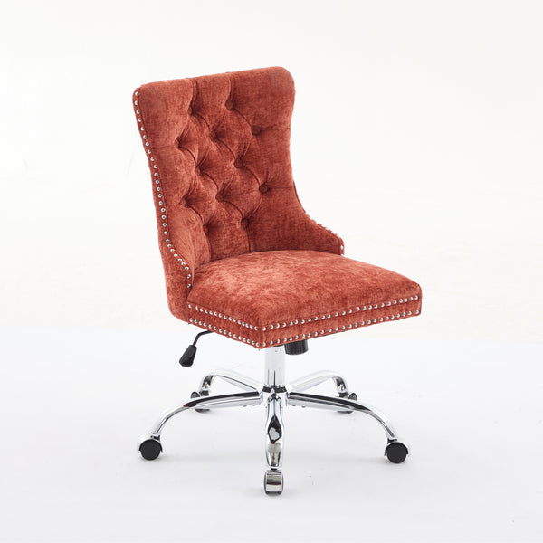 English Elm A&A Elegant Chenille Tufted Office Chair with Hand-Pulled Buttons, Nailhead Trim & Gold Chrome Base Orange W1143P366776