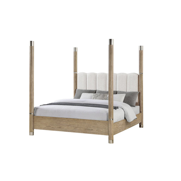 English Elm Sarai Four-Post Solid Wood Bed with Plush Upholstered Headboard and Metal Accents, Low Profile Queen Brown B201S00414