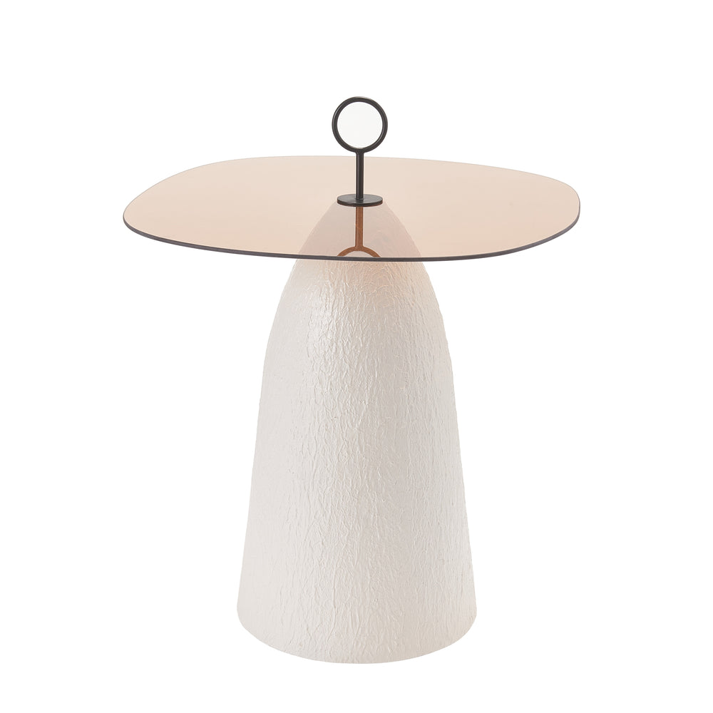 English Elm Indoor Oval Brown Glass Top Accent Table with Sculptural White Conical Base N772P385365W
