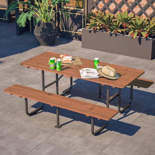 English Elm 72" Solid Wood Outdoor Picnic Table Seats 6 with Attached Benches and Umbrella Hole W1422S00061