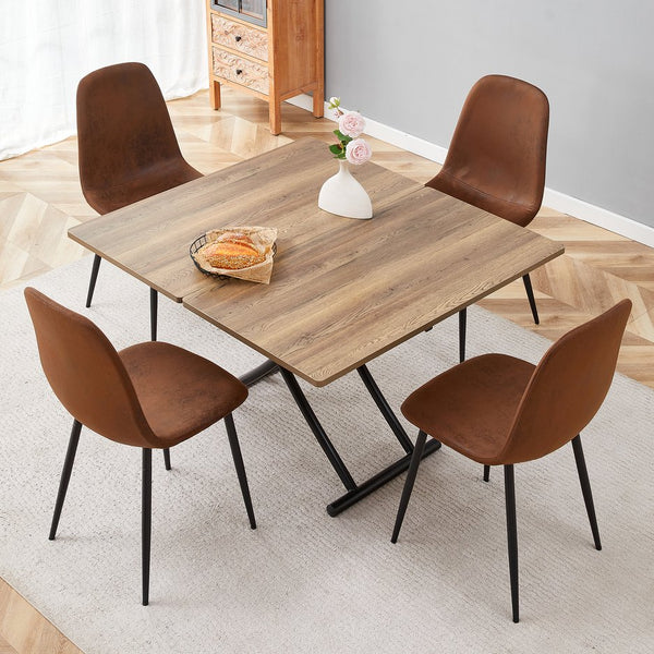English Elm Table and Chair Set Adjustable Height Mdf Wood Grain Top with 4 Upholstered Seats Brown+Black W1151S04091