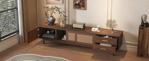 English Elm Mid Century Modern TV Stand with Rattan Sliding Doors, Solid Wood Legs, Drawers & Waterproof Top N710P257617P