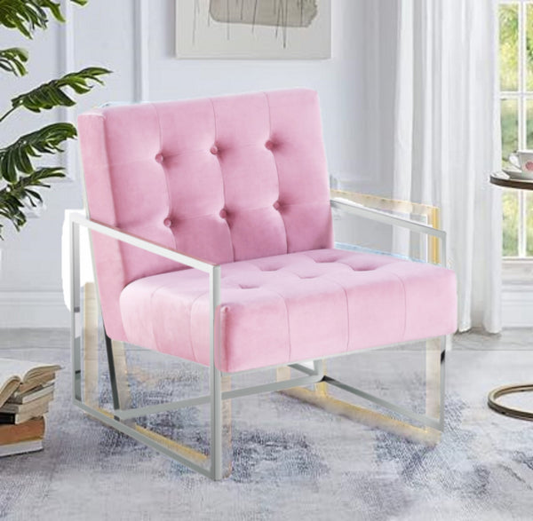English Elm Living Room Modern Tufted Accent Chair with Chrome Frame, Velvet Upholstery, Mid-Century Comfort Design Pink 33 L x 30 W x 28 H B011P360627