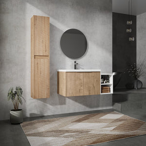 English Elm 42" Wall-Mounted Bathroom Vanity Set With Soft-Close Doors, Resin Sink & Side Cabinets For Style W999S00236