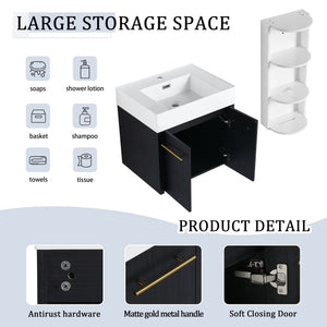 English Elm 24 Inch Wall-Mounted Bathroom Vanity Set With Thick Resin Sink & Three-Tier Storage Rack Design W999S00365