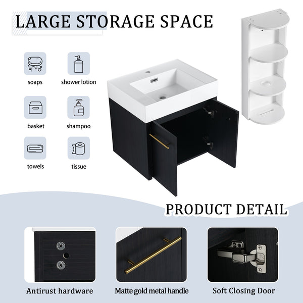 English Elm 24 Inch Wall-Mounted Bathroom Vanity Set With Thick Resin Sink & Three-Tier Storage Rack Design W999S00365