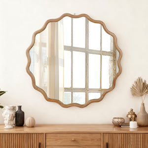 English Elm Natural Wood 30in Wavy Round Solid Wood Frame Decorative Mirror – Rustic Elegant Boho Vanity Accent W2203P389072