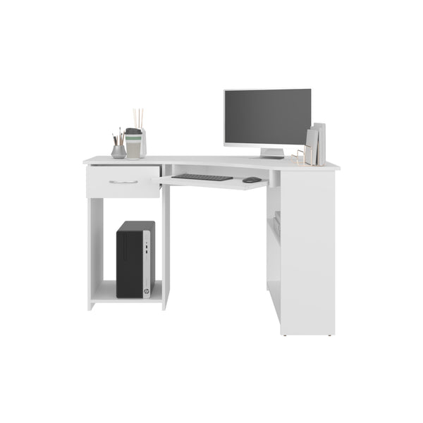 English Elm Jasper Corner Desk with Wraparound L-Workspace and Built-In Side Shelves in Kronos White — Space-Savingporcion B070P378352