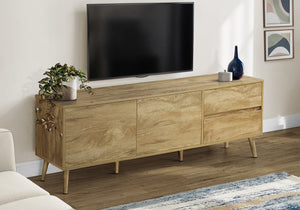 English Elm Tv Stand 72 Inch Mid-Century Console with Solid Wood Legs, Push Latch Drawers, Cable Management System Walnut 76 L x 19 W x 6 H B2710P287026