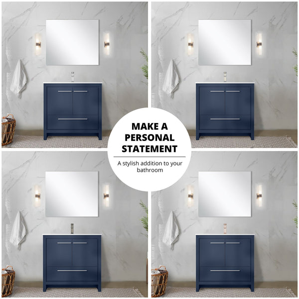 English Elm Navy Blue Bath Vanity Set With Cultured Marble Top, Brushed Nickel Faucet & Matching Mirror, 36" W B2731S02068