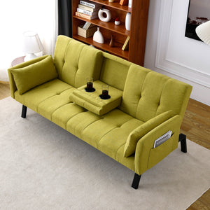 English Elm 70-inch Foldable Cotton Linen Sofa Bed with Cup Holder & Side Storage, Space-Saving 2-Seater Design Green W3371P337200