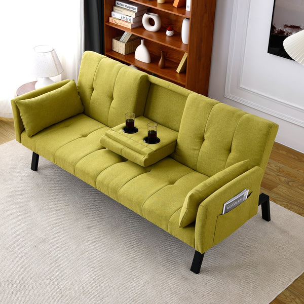 English Elm 70-inch Foldable Cotton Linen Sofa Bed with Cup Holder & Side Storage, Space-Saving 2-Seater Design Green W3371P337200