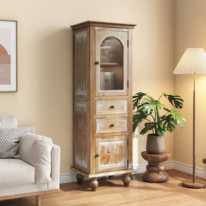 English Elm Farmhouse Freestanding Linen Cabinet Reeded Glass Arched Door Distressed Wood Storage Ancient White W2295P462956