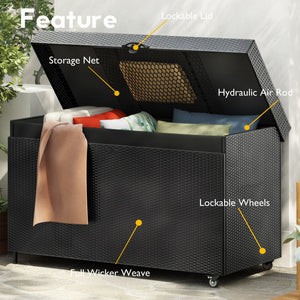 English Elm K&K 200 Gallon Wicker Deck Box with Lockable Lid, Hydraulic Pistons, Wheels, Weatherproof Storage Black N707P245457B