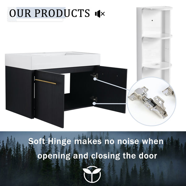 English Elm 36 Inch Wall-Mounted Bathroom Vanity Set With Thick Resin Sink, Storage Rack & Soft-Close Hinges W999S00369