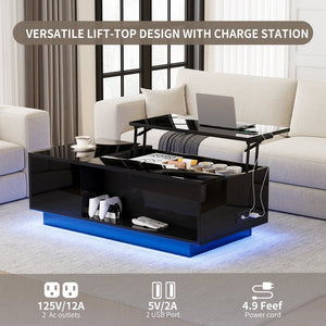 English Elm Coffee Table with Led Lighting Bluetooth Speaker Wireless Charging and Faux Marble Top T3773P417345
