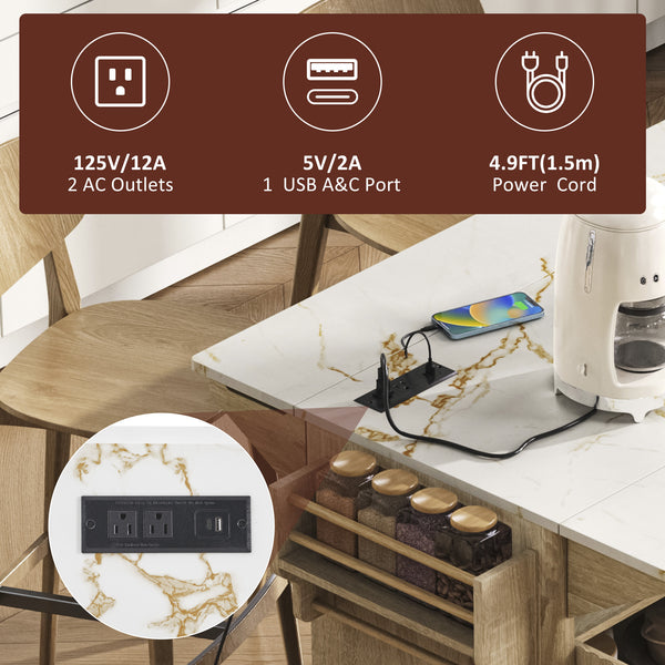 English Elm K&k Fluted Rolling Kitchen Island Faux Marble Top Power Outlet Storage Drawers Natural N707P353934Y