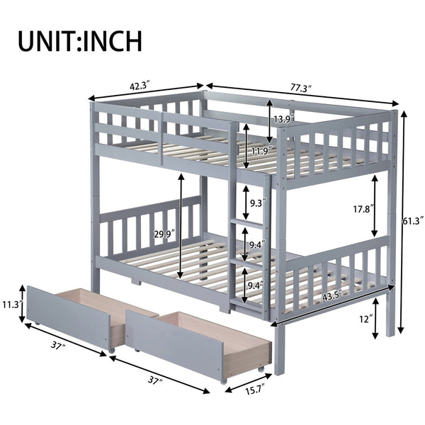 English Elm Twin Bunk Bed With Drawers - Space-Saving Convertible Twin Over Twin Design In Grey With Safety Features W504S00198-GIGA
