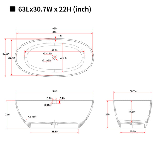 English Elm 63'' Freestanding Stone Resin Soaking Tub Spa Bath with Ergonomic Design W2753P416679