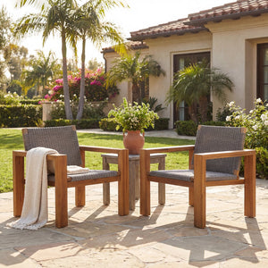 English Elm Outdoor Acacia Wood Patio Club Chairs Set of 2 with Wicker Backrest Teak Finish N772P384650T