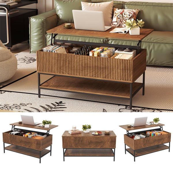 English Elm Lift Top Farmhouse Coffee Table with Hidden Compartment and Open Shelf for Living Room T2398P411963