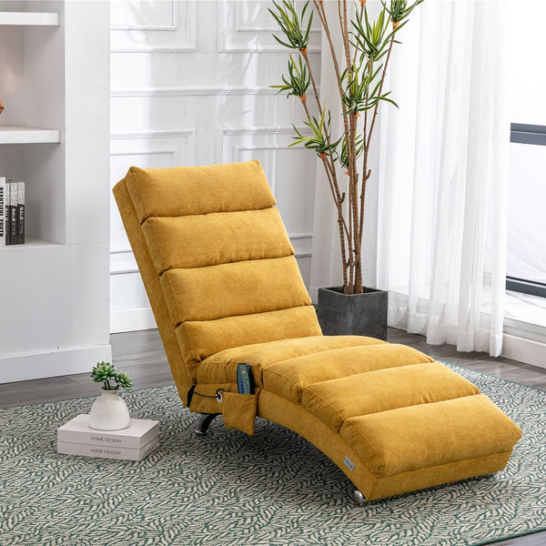 English Elm Linen Ergonomic Massage Chaise Lounge with Remote Control, 140° Recline, Heavy-Duty Frame, 5 Modes Mustard W39539621