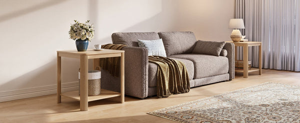 English Elm Rounded Square End Tables Set of 2 Boho Walnut with Wave Legs and Open Shelf W5563P449957