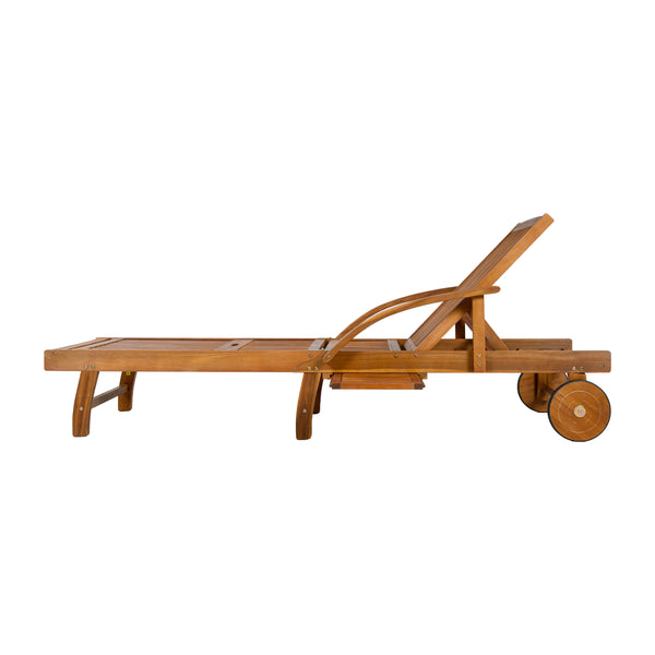 English Elm U_style Acacia Wood Outdoor Chaise Lounger with Reclining Backrest Cushions and Side Tray Beige N711P415859A