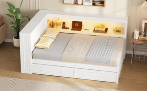 English Elm Full Pine Platform Daybed with Led Lighting Usb Charging Headboard Shelf and Drawers White N7090004032K