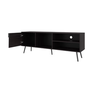 English Elm Mescal modern TV stand with concealed door and open shelving, conical legs, sleek storage center Wenge 68.5 L x 20.9 W x 5.1 H B128P263711