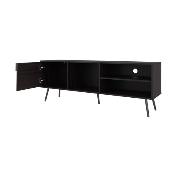 English Elm Mescal modern TV stand with concealed door and open shelving, conical legs, sleek storage center Wenge 68.5 L x 20.9 W x 5.1 H B128P263711